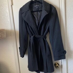 London Fog Women's Heathered Black Wool Blend‎ Belted Hooded Trench Coat - L